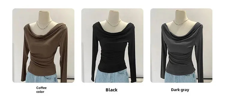 Off-The-Shoulder Long Sleeve T-Shirt Women's Early Autumn New Slimming Design Korean Style Sweet And Spicy Fashion Tops.