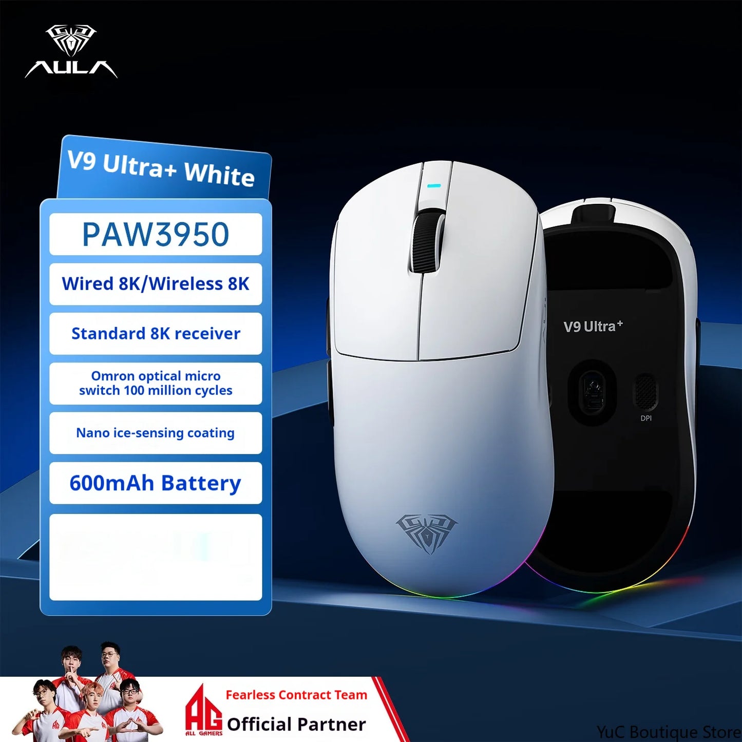 New Aula V9 Ultra Wireless E-sports Gaming Mouse Double 8k 3mode PAW 3950 8k 55g Lightweight Ergonomic Mouse Custom PC Accessory