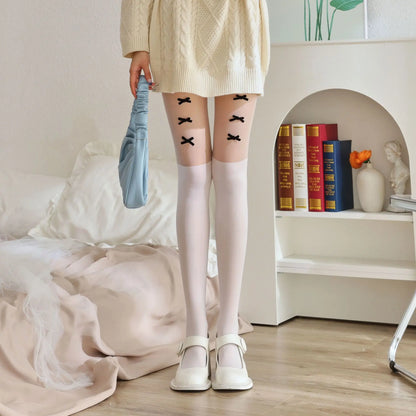 Handmade Velvet Stockings Swan Velvet Patchwork Fake Thigh Pantyhose Multiple Butterfly Knots White Silk Leggings.