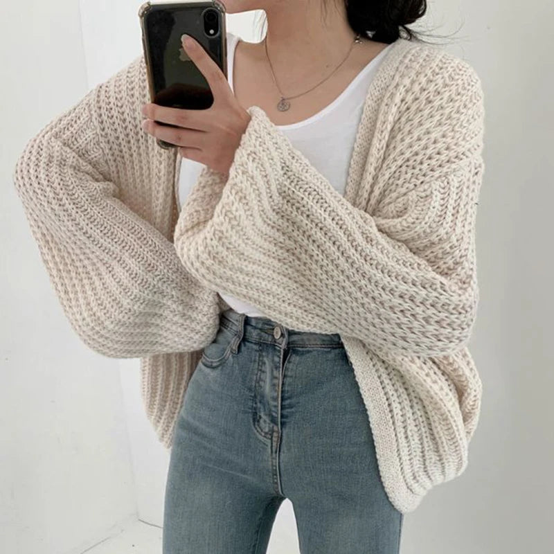 Vintage Harajuku Lantern Sleeve Women Cardigan Sweater Casual Korean Fall Streetwear Tops Coat Chic Lazy Wind Y2k Sweater.