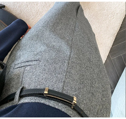 Gray Pencil Skirts Belted Elegant Women Slim Office Ladies Casual A-Line High Waist Split Midi Skirt Autumn Winter.