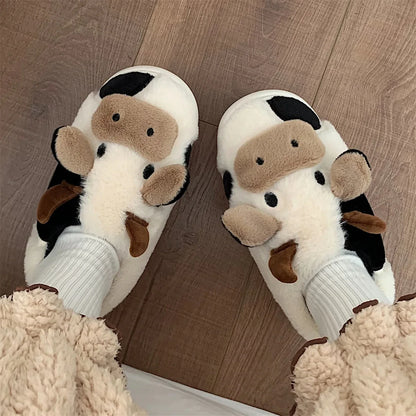 Shevalues Plush Cartoon Milk Cow Slippers Winter Women Slippers Furry Non-Slips Women Cotton Slides Couples Soft Cozy Flat Shoes.