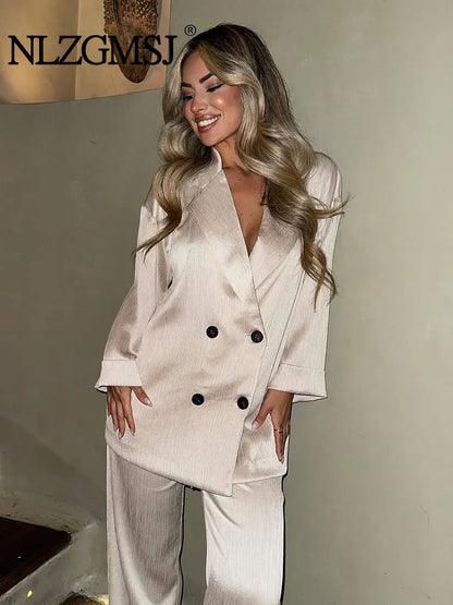 2024 Autumn Women Casual Blazer Coat Pants Set Long Sleeve Double Breasted Blazer + Wide Leg Trousers Lady Office Outfit.