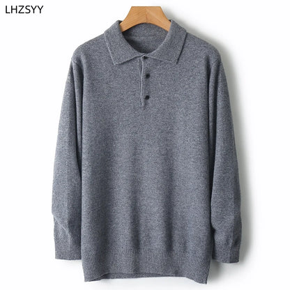 LHZSYY 100%Merino Wool Hot Cardigans Men Lapel Pullover Long Sleeve POLO Neck Sweaters Loose Tops Knit Clothing Large Size Shirt.