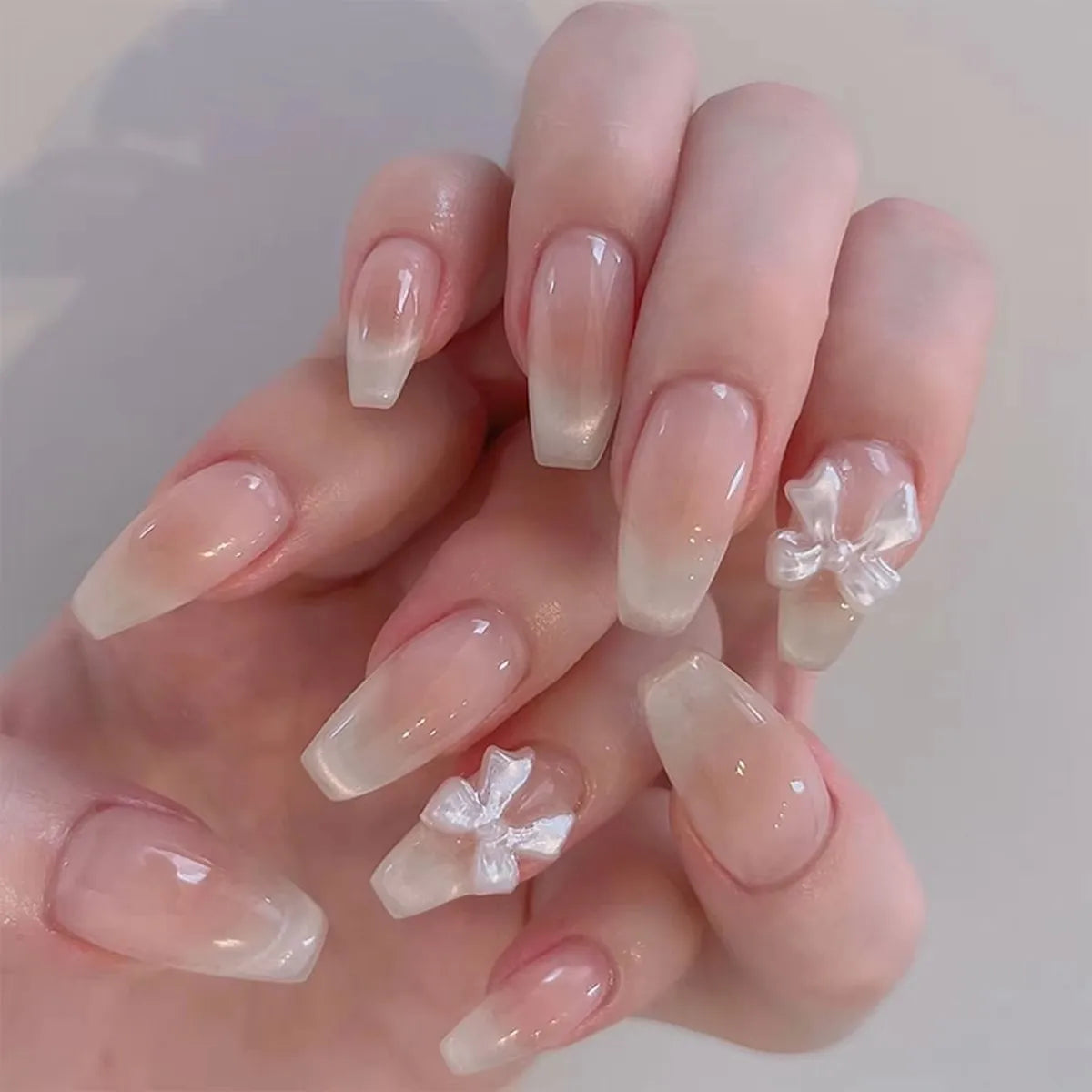 White Glitter Powder Bowknot Long Pointed Fake Nails Art Ballet False Nail Cow Print Pearl Rhinestone Pink Almond Press on Nails.