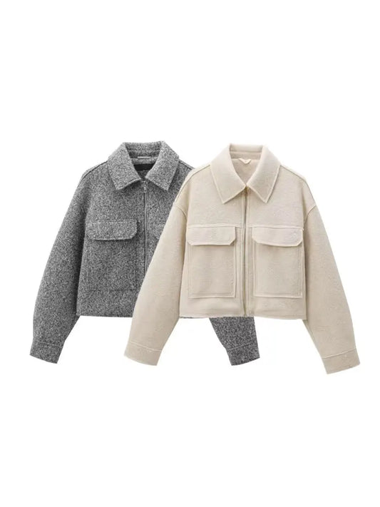 TRZA-Kurzjacke mit Taschen für Damen, Langarmmantel, Reißverschluss vorne, Damenoberbekleidung, schicke Oberteile, Mode