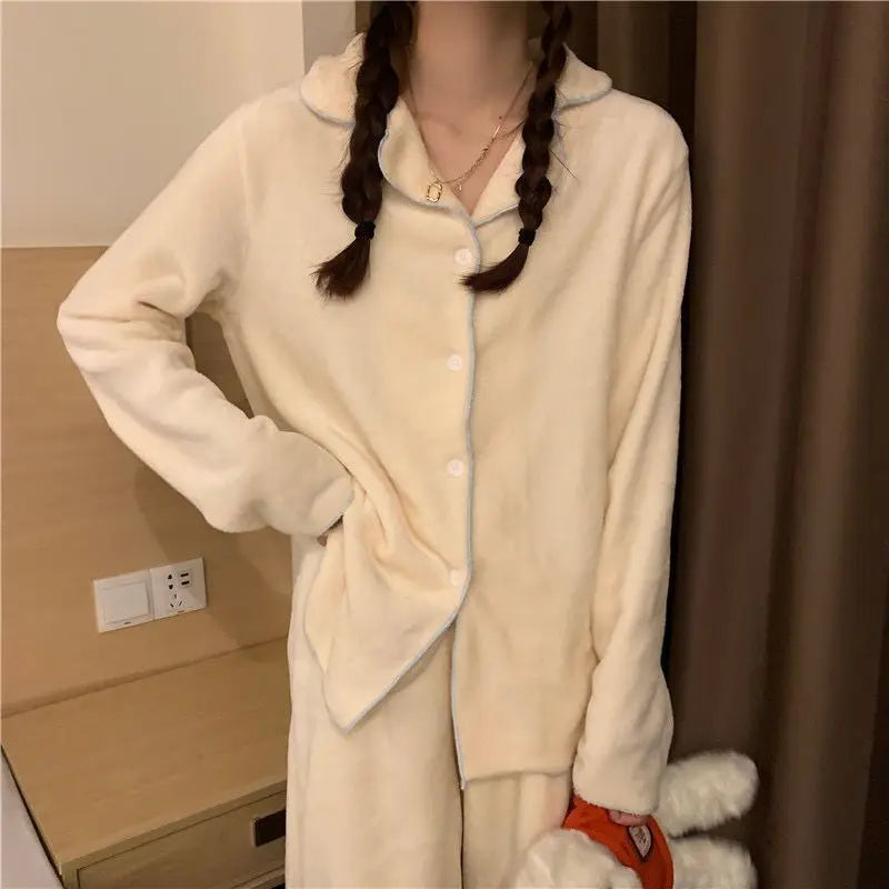 Flannel Women's Pajamas Sets Casual Autumn Winter Sleepwear Velvet Pyjama Ladies Cardigan Simple Bedroom Soft Warm Home Clothes.