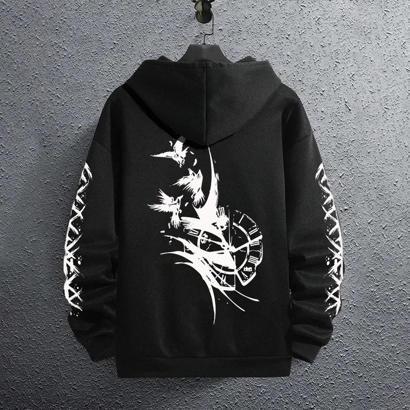 2025 Brand New Black Sweatshirts Autumn Winter Male Daily Casual Sporty Jogging Hoodie Men's Ancient Viking Raven Print Pullover