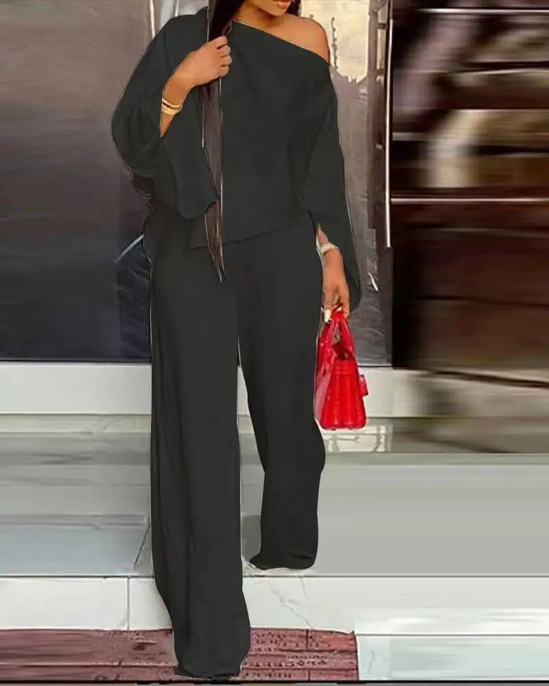 Fashion Hot Sale Women Casual Street Style Long Sleeve Card Shoulder Top Elastic Long Pants Two Piece Set Wholesale Dropshipping.