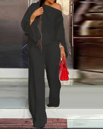 Fashion Hot Sale Women Casual Street Style Long Sleeve Card Shoulder Top Elastic Long Pants Two Piece Set Wholesale Dropshipping.