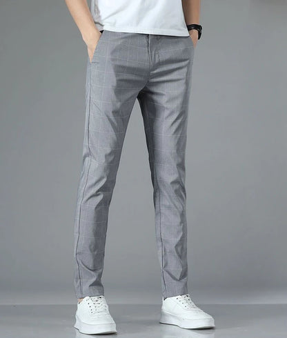 Male Suit Trousers Check Cooling Ice Silk Plaid Straight Up Clothes Offer Slacks Designer Men's Summer Pants Fabric 2025 Classic.