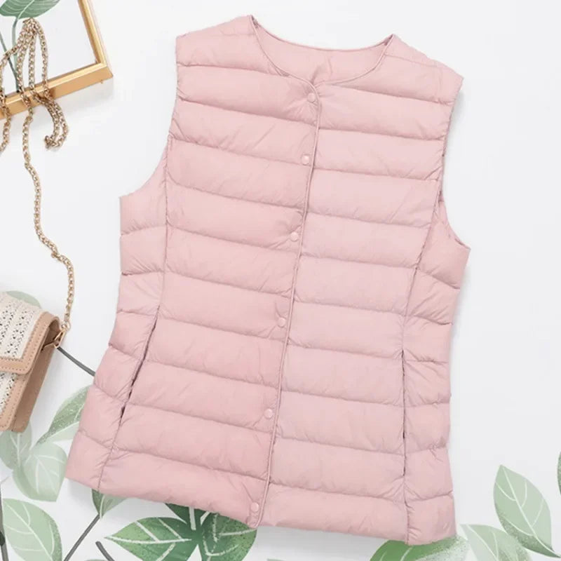 2023 Neuankömmlinge Herbst Winter warme Frauen ärmellose Daunen futter Taillen mantel weibliche ultraleichte weiße Enten Daunen weste Jacken.