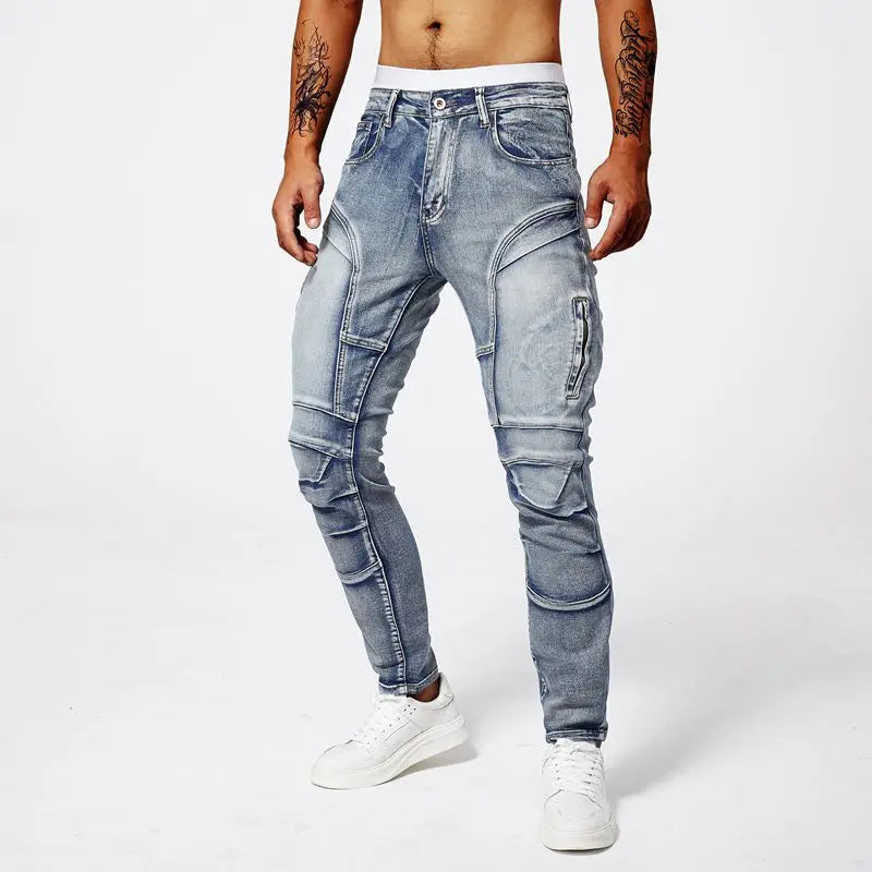 Two tone distressed patchwork jeans for men trendy jeans for summer thin straight leg pants slim fit small leg distressed jeans.