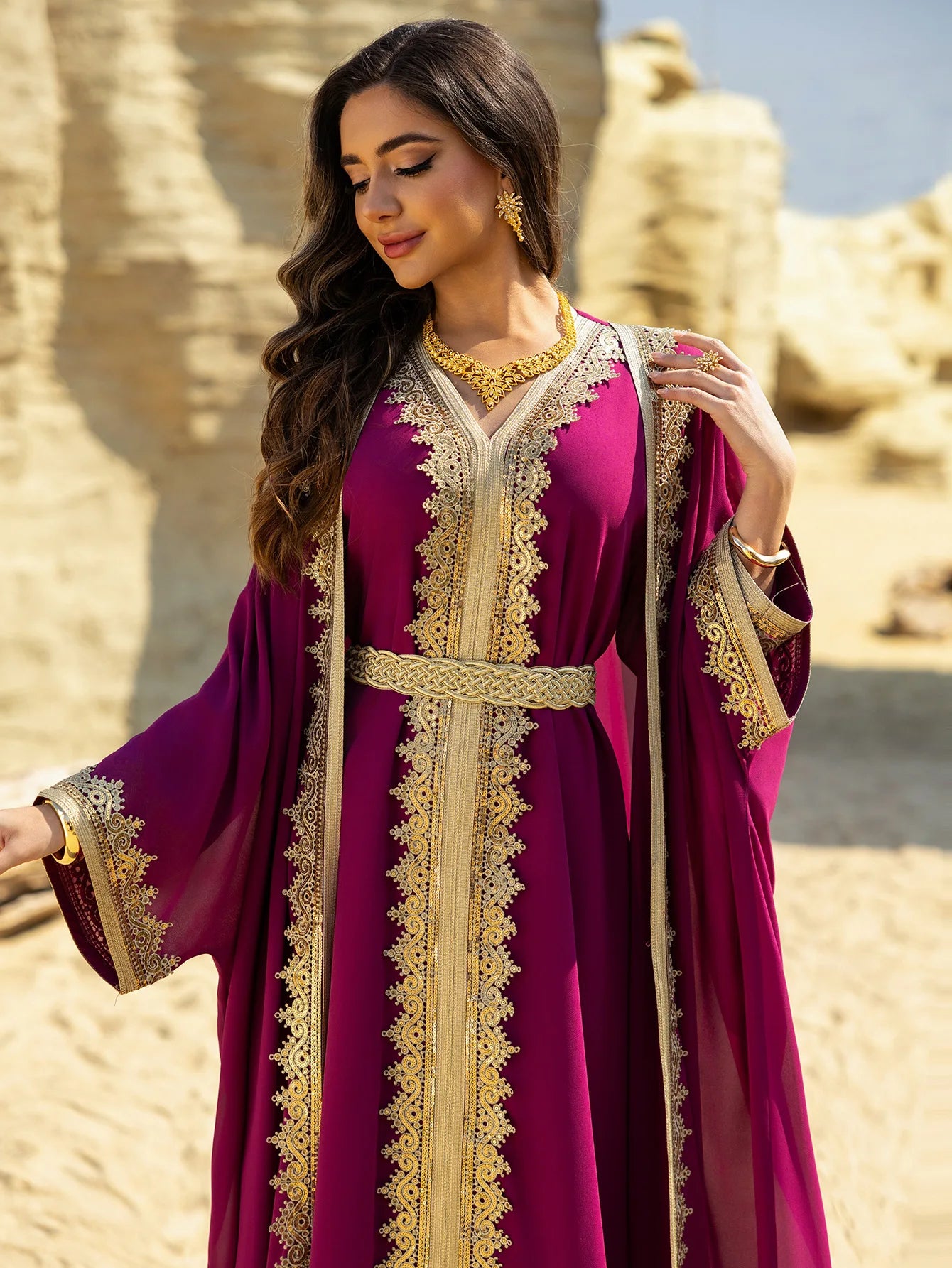 Uni Ramadan Sequins Dubai Abayas Arab Tunics Batwing Sleeve Dresses For Women Gala Two pieces Moroccan Elegant Kebaya.