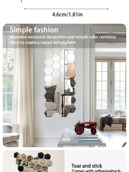 12PCS/Lot Removable Geometric Mirror Wall Stickers - Solid Hexagonal Shape, DIY with Built-in Adhesive for Home Decoration.