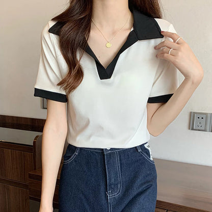For Daily Use Splicing Pattern Blouse Lapel Short Sleeve Ideal For Casual Outings Daily Wear Casual Lapel Top Sexy.