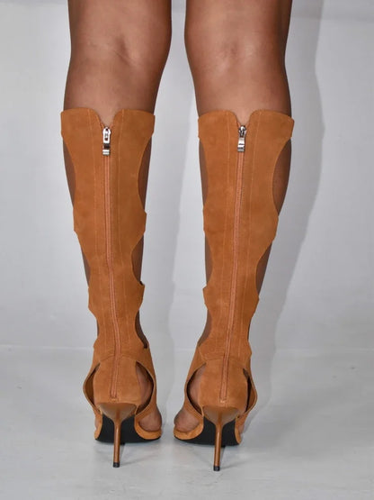 2025 New Luxury Women's Knee-High Boots | Real Horsehair Cut-Out Stiletto Heel & Rear Zipper | Evening Party Club Dress Shoes.