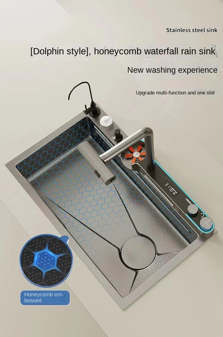 Digitalanzeige, Wasserfall, Einzelschlitz, Nano-Spüle aus Edelstahl 304, Geschirrspülen, Küche, multifunktionales Gemüsewaschbecken
