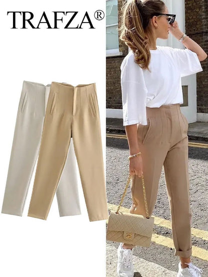 TRAFZA Frauen Elegante Feste Bleistift Hosen Hohe Taille Hose Für Frauen Casual Streetwear Frau Hosen Büro Tragen Chic Hose.