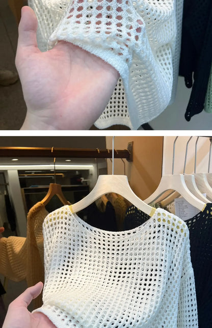 2025 Mesh Vintage Harajuku Langarm Frauen Pullover Koreanische Frühling Sommer Strickwaren Weiche Dünne Tops Chic Solide Femme Pullover.
