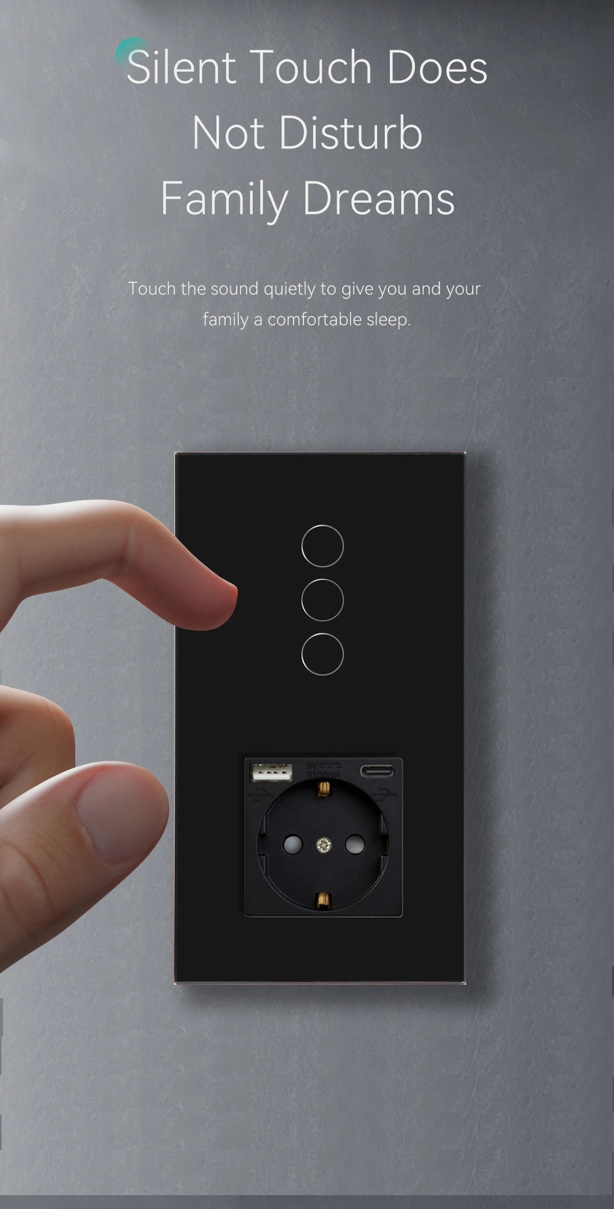 BSEED 1/2/3Gang Touch-Schalter 1-Wege-Lichtschalter mit EU-Steckdosen USB Typ-C-Steckdosen Glasscheibe Schwarz.