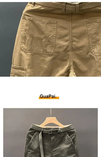 Autumn Summer Wide Leg Cotton Work Trousers Men's Cone Straight Loose Wear Resistant Pocket Pants Retro Wash Casual Workwear.