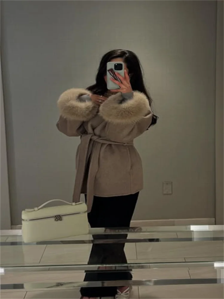 Frauen Mäntel Elegante Revers Plüsch Mit Gürtel Faux Pelz Hülse Tweed Offenen Mantel Weibliche 2025, Herbst Winter Mode Dame streetwear