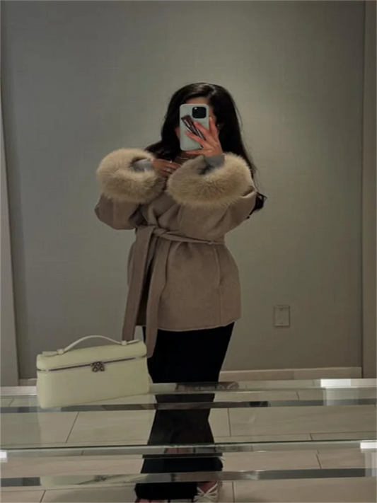 Frauen Mäntel Elegante Revers Plüsch Mit Gürtel Faux Pelz Hülse Tweed Offenen Mantel Weibliche 2025, Herbst Winter Mode Dame streetwear