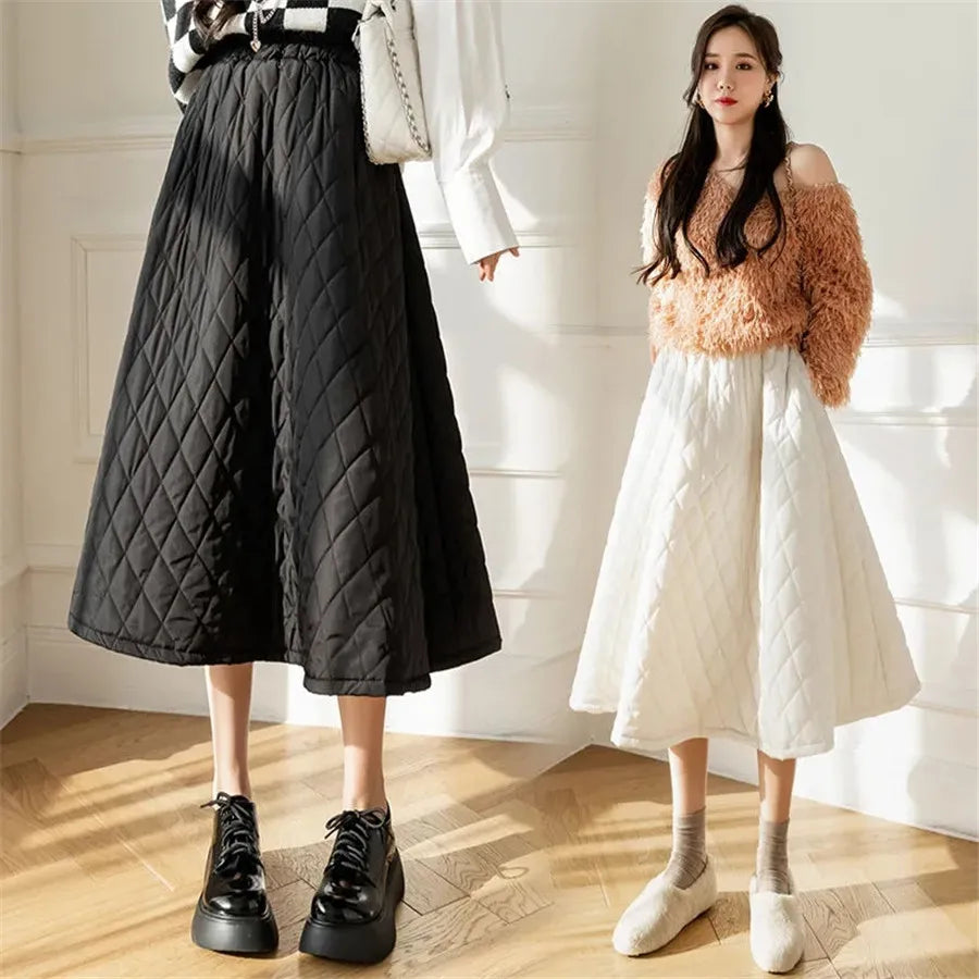 Autumn Winter Cotton Quilted Skirt Warm Womens A-line Faldas Vintage Thicken High Waist Saias Korean Fashion Knee-length Skirts.