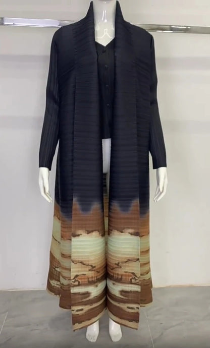 Abaya Miyake Pleated Printed Robe Jacket Arabian Dubai Style Women's Long Sleeve Conservative Demure Muslim Trench Coat 55inches
