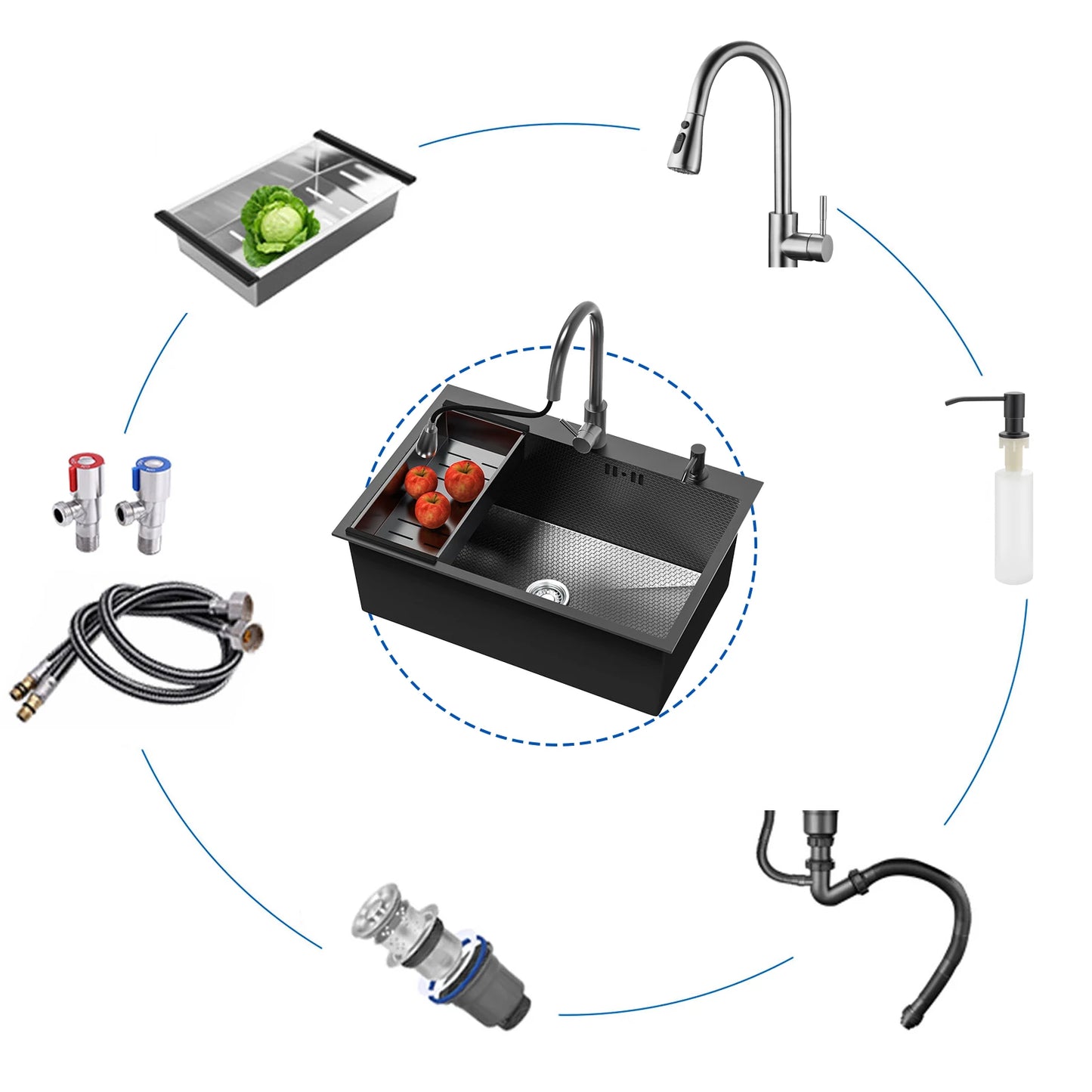 Schwarzes Küchenspüle, Einzelspüle aus Edelstahl, Ein-/Aufsatzspüle mit ausziehbarem Wasserhahn, mit mehreren Zubehörteilen