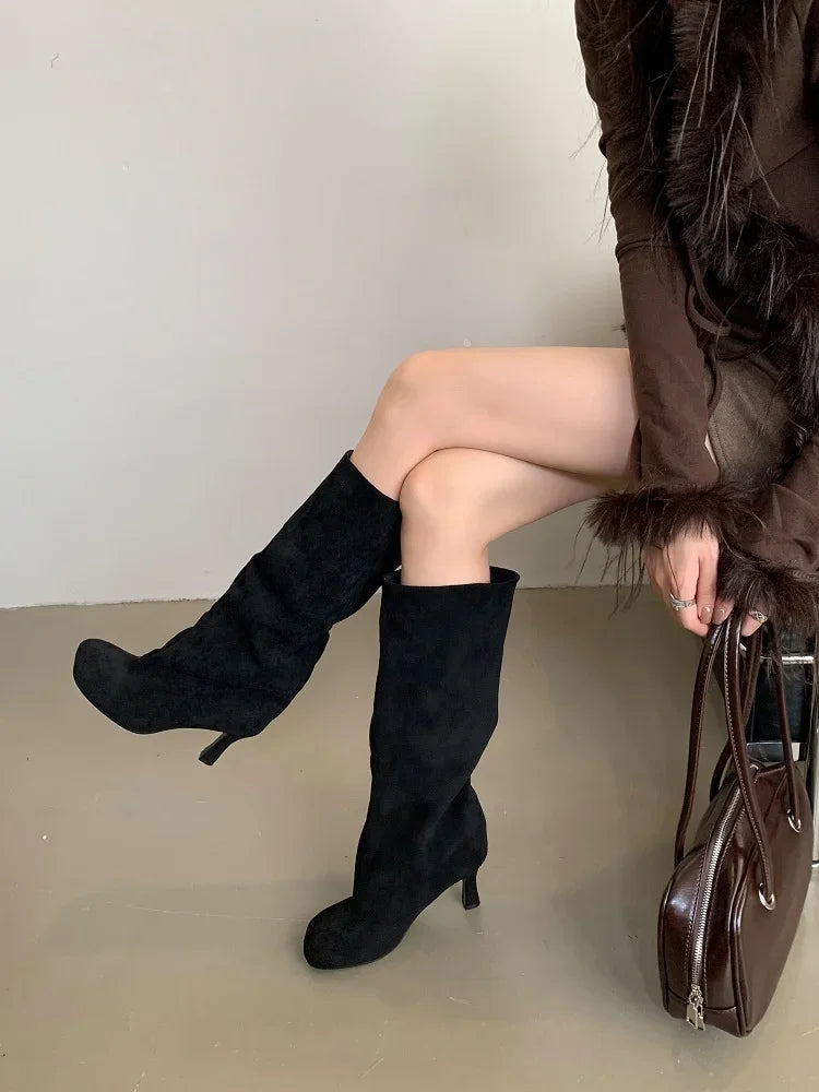 Eilyken Concise Round Toe Women Knee-High Boots Punk Style Thin High Heels Shoes Autumn Winter Female Long Booties.