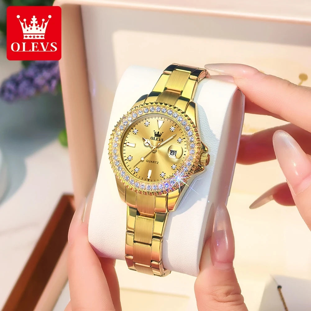 OLEVS 9945 Women Brand Original Quartz Watch Luxury Diamond Automatic Calendar Watch Waterproof Gold Elegant Women Watch Reloj.
