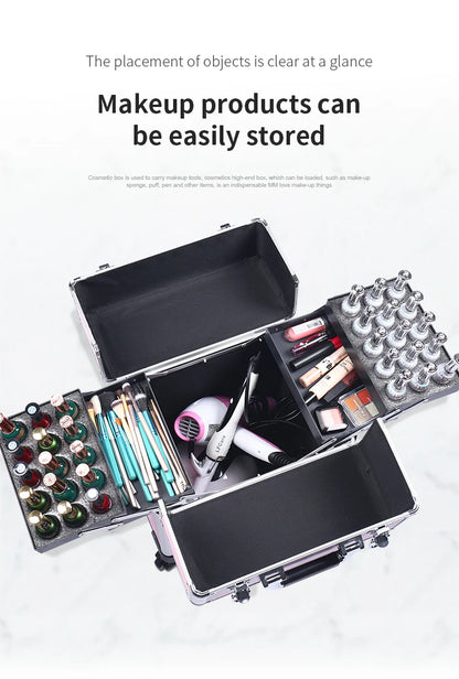 TravelRolling Makeup Train Case Large Capacity Cosmetic Trolley, Aluminum Professional Travel Case with Key.