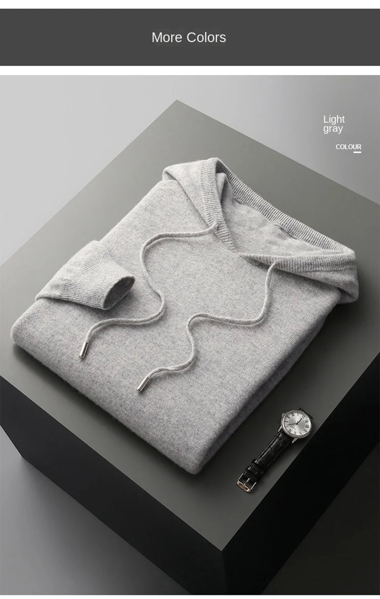 100% Cashmere Sweater Men's Ready-To-Wear Hooded Knitted Pullover Autumn Winter Long Sleeved Sweater Casual Sports Hoodie Top.