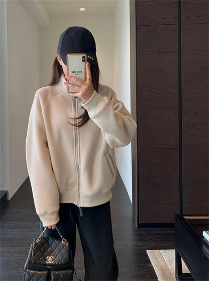 Women Autumn Winter Sweatshirt Coat Zip Up Solid Long Sleeve Stand Neck Jacket Lady Fashion Casual Street Vintage Coats Outwear