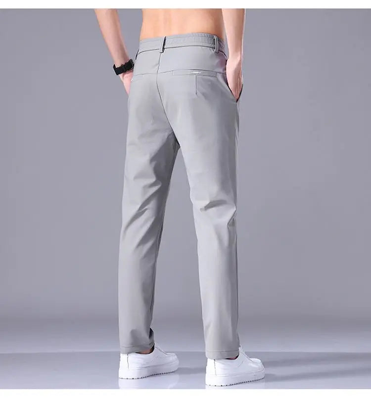 Ultra-thin Elastic Men's Casual Trousers Summer Quick-drying Ice Silk Slim Straight Business Solid Color Trousers Black Gray.