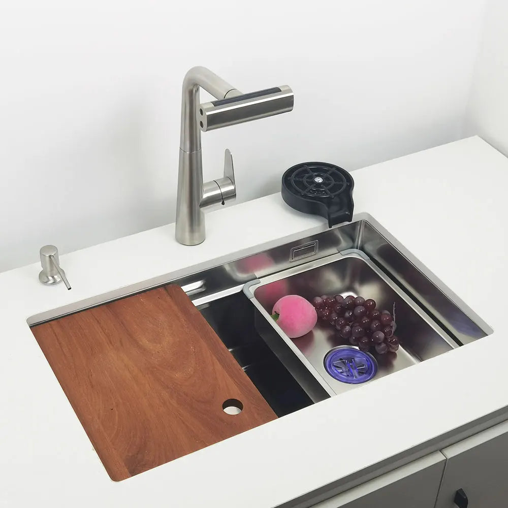 Unterbau-Küchenspüle aus Edelstahl 304, obermontierte Waschbecken mit Wasserfall-Wasserhahn, multifunktionales Einzelwaschbecken