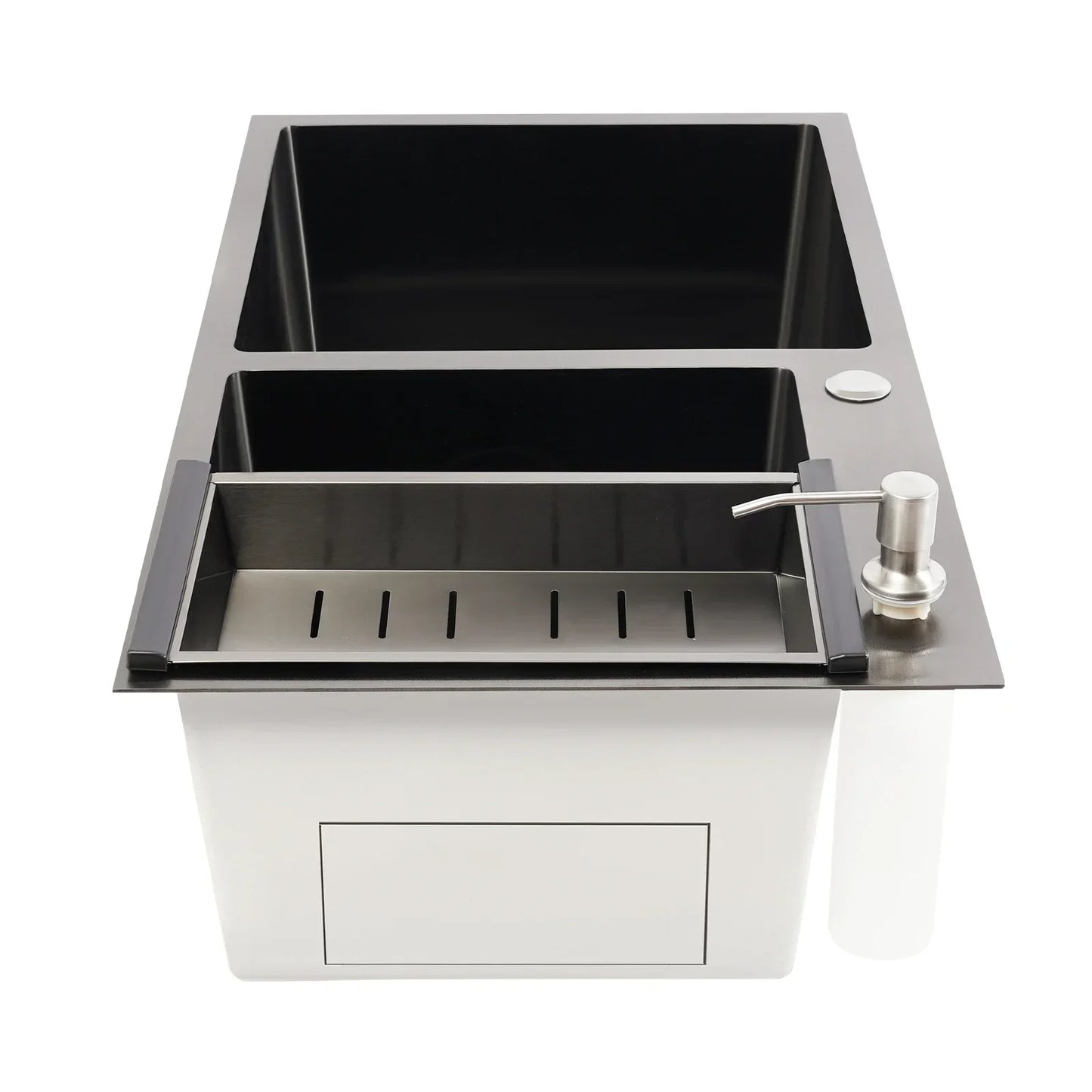 Rainaut Küchenspüle aus Edelstahl 304, Doppelschüssel-Einbaumkorb mit Abtropffläche + Seifenspender, rechteckige Spüle, 78 x 43 x 22 cm