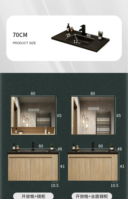 Leichter Luxus-Badezimmerschrank-Kombination, Badezimmer-Waschbecken, Gesichtswaschbecken, Toilettenholz, Waschbecken aus Keramik, integriertes Waschbecken im japanischen Stil