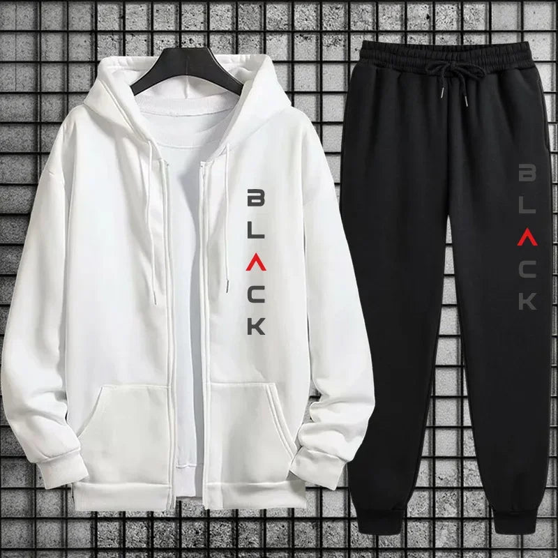 2025 Hot Sale Men 2 Piece Set Zipper Hoodie Streetwear Tracksuit Urban Fashion Outfit Black Letter Print Sweatshirt Sweatpants.