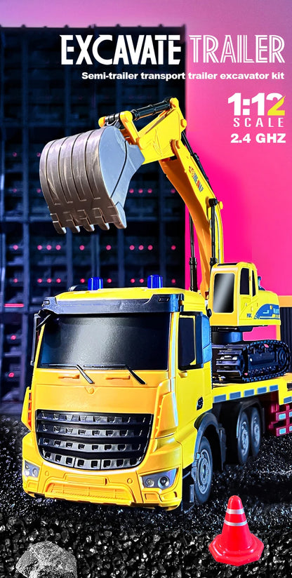 2 In 1 Rc Truck Combination Set Trailer Flat Trucks with 11Ch Excavator Engineer Vehicle 2.4G Remote Control Car Christmas Gifts.