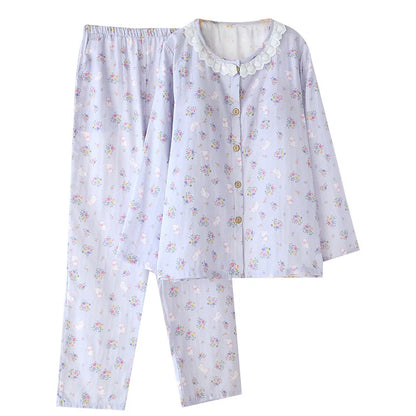 Spitzen-Design, Rundhals-Pyjama-Set aus Baumwolle, doppellagig, Gaze, für Damen, vier Jahreszeiten, dünne, langärmelige Hosen, Strickjacken, Kleidung.