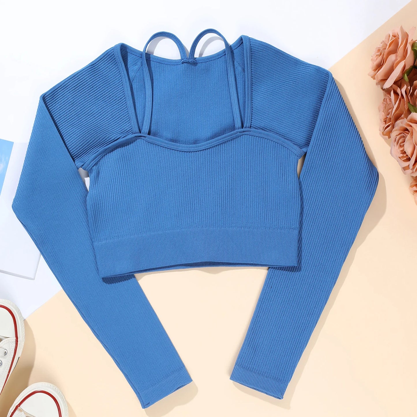 Women Screw Thread Small Sling Long Sleeve Fitness Crop Top Running Slim Fit Comfortable Sports Yoga Casual Fashion Tops.