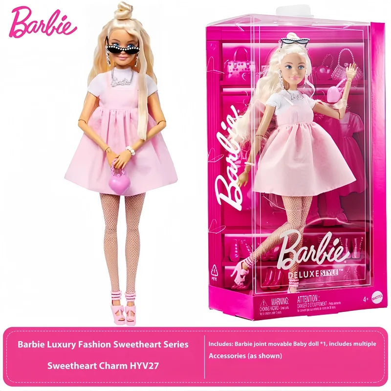 Hot High Quality Barbie Deluxe Style Dolls Pink Dress Outfit Blond Hair Knot Bow Accessories Toys For Girls Sweet Gift In Stock.