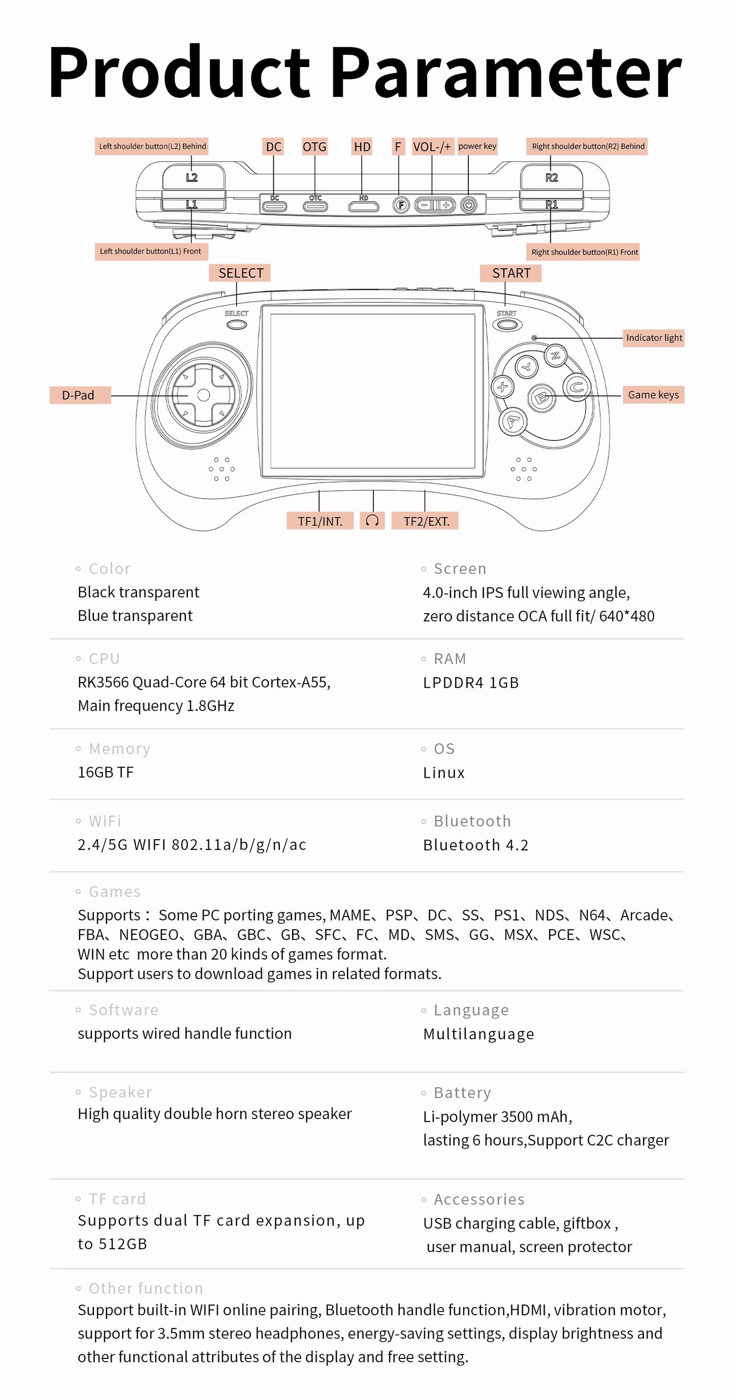 ANBERNIC RG ARC Retro Games RK3566 4.0INCH 640*480 Handheld Game Console Emulator LINUX Android System 3500mAh Children's Gifts.