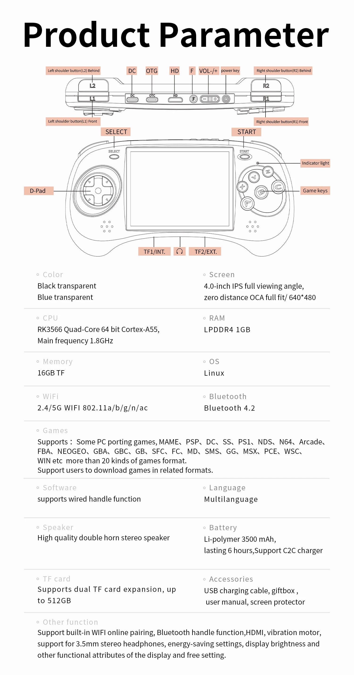 ANBERNIC RG ARC Retro Games RK3566 4.0INCH 640*480 Handheld Game Console Emulator LINUX Android System 3500mAh Children's Gifts.