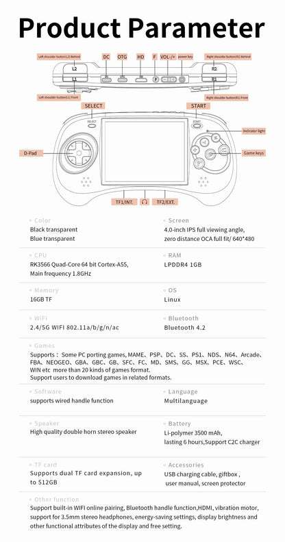 ANBERNIC RG ARC Retro Games RK3566 4.0INCH 640*480 Handheld Game Console Emulator LINUX Android System 3500mAh Children's Gifts.