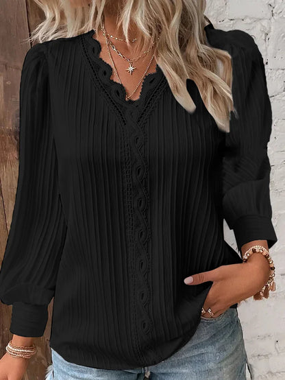 Elegant Summer Hollow Lace Patchwork Women Shirt Chic Blouse V Neck Long Sleeve Shirt Plain Lace Casual Basic Regular Tops.