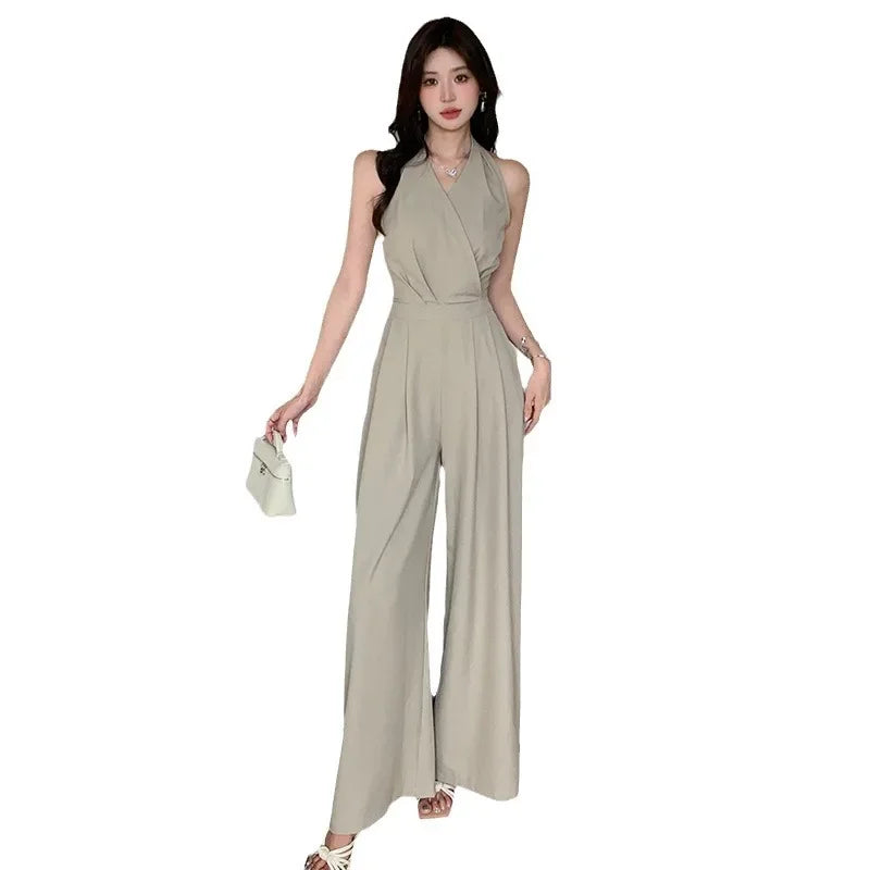 French Vintage Polyester Halter One-Piece Pants Women's Summer Business Commute High Waist Slimming Versatile Suit Long Pants.